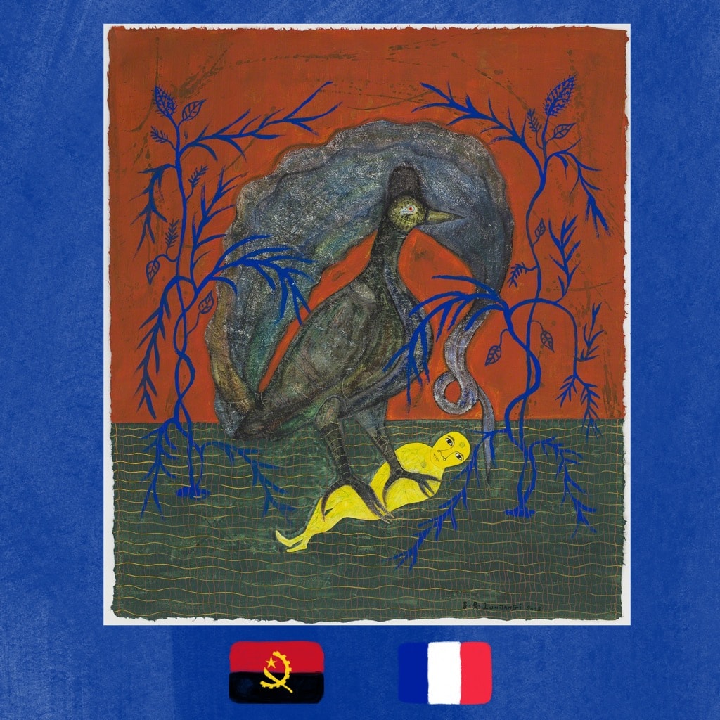 Franck Lundangi art painting of a bird eating a man